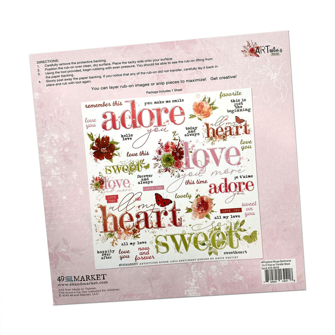 49 en Market ARToptions Rouge Sentiments 12 x 12 rub-on transferblad