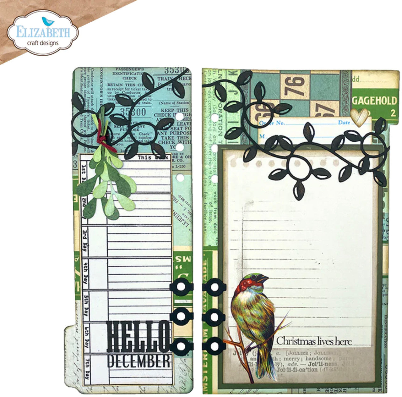 Elizabeth Craft Designs Planner Essentials 53: Página de media pestaña con juego de troqueles de metal con luces navideñas