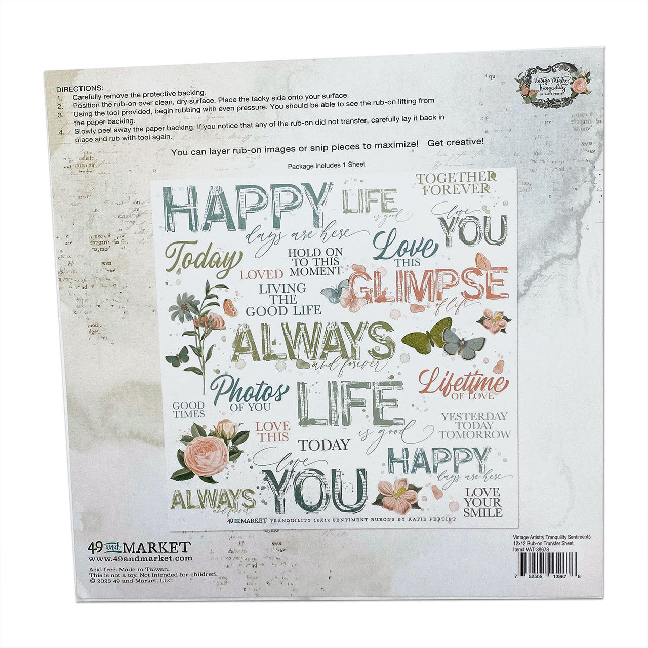 49 and Market Vintage Artistry Tranquility Sentiments 12 x 12 Rub-on Transfer Sheet