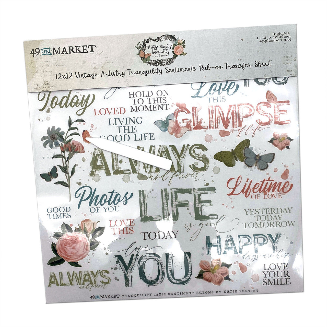 49 and Market Vintage Artistry Tranquility Sentiments 12 x 12 Rub-on Transfer Sheet