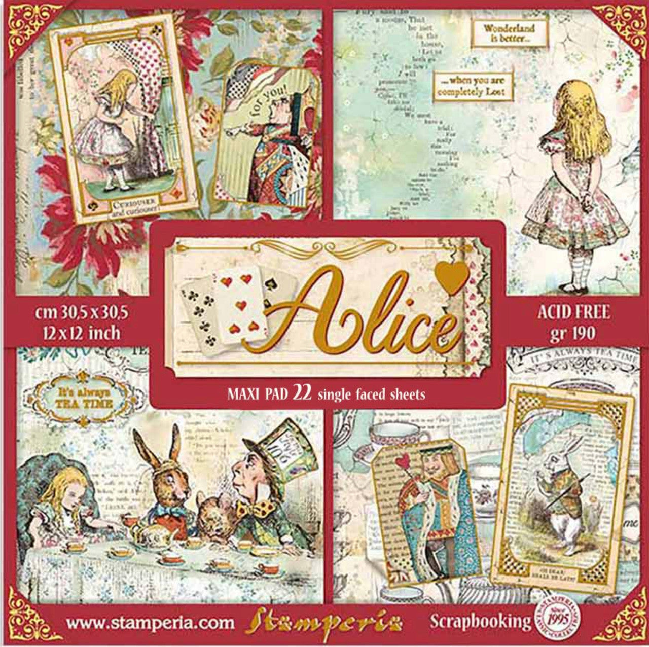 Stamperia Alice Gold 12” x 12” 22 hojas de una cara