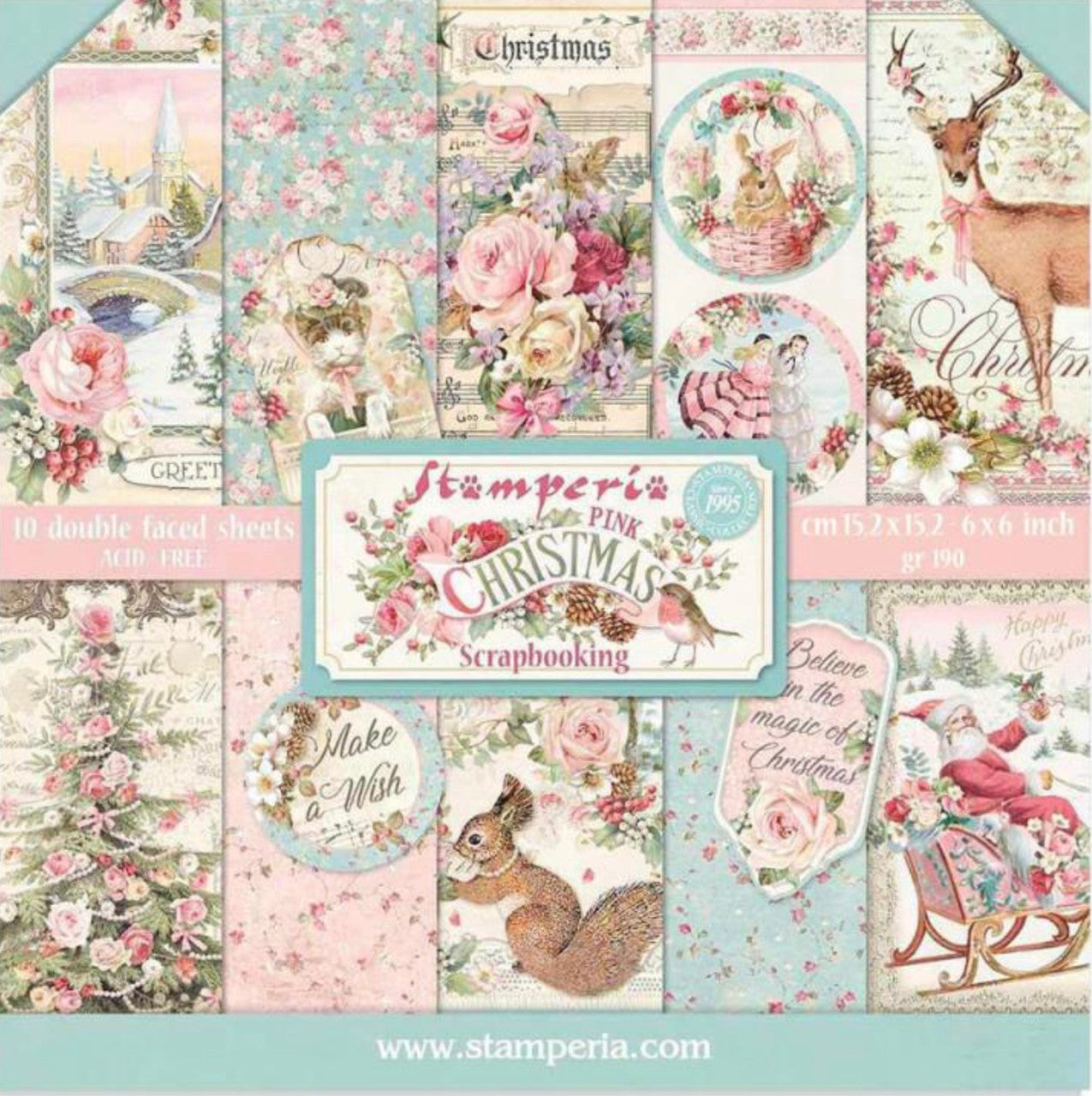 Stamperia Pink Christmas Double Faced Paper Pack 6” x 6”