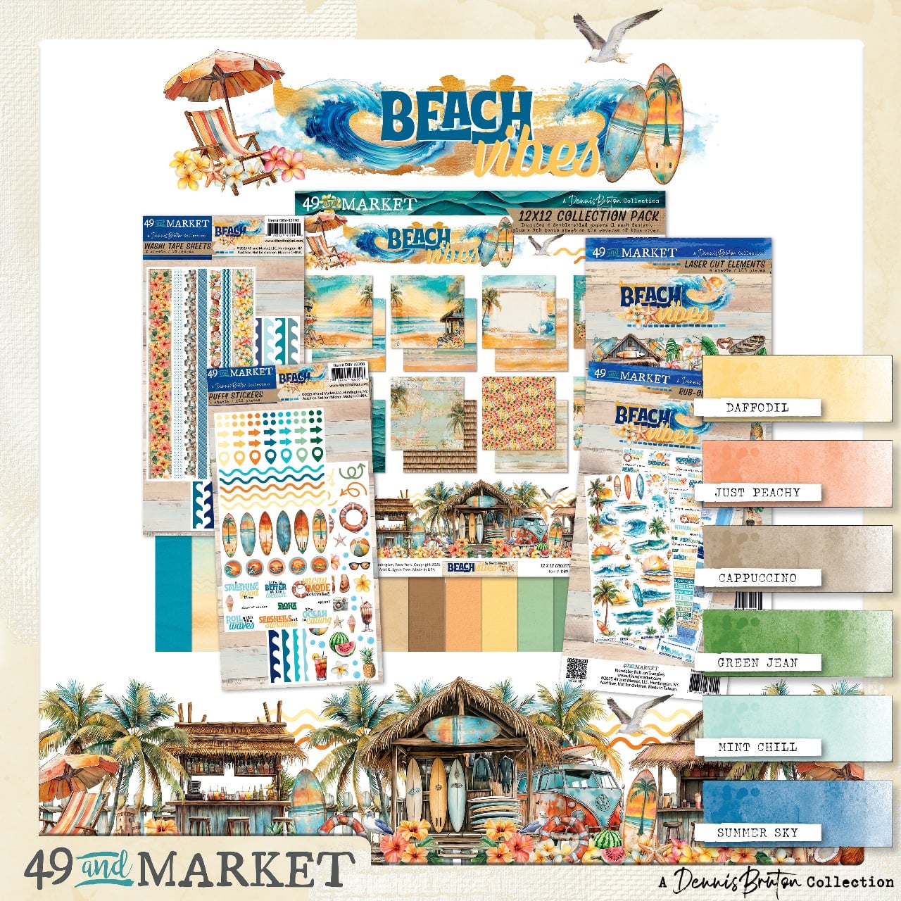 Collection of beach-themed paper with '49 and Market' branding.