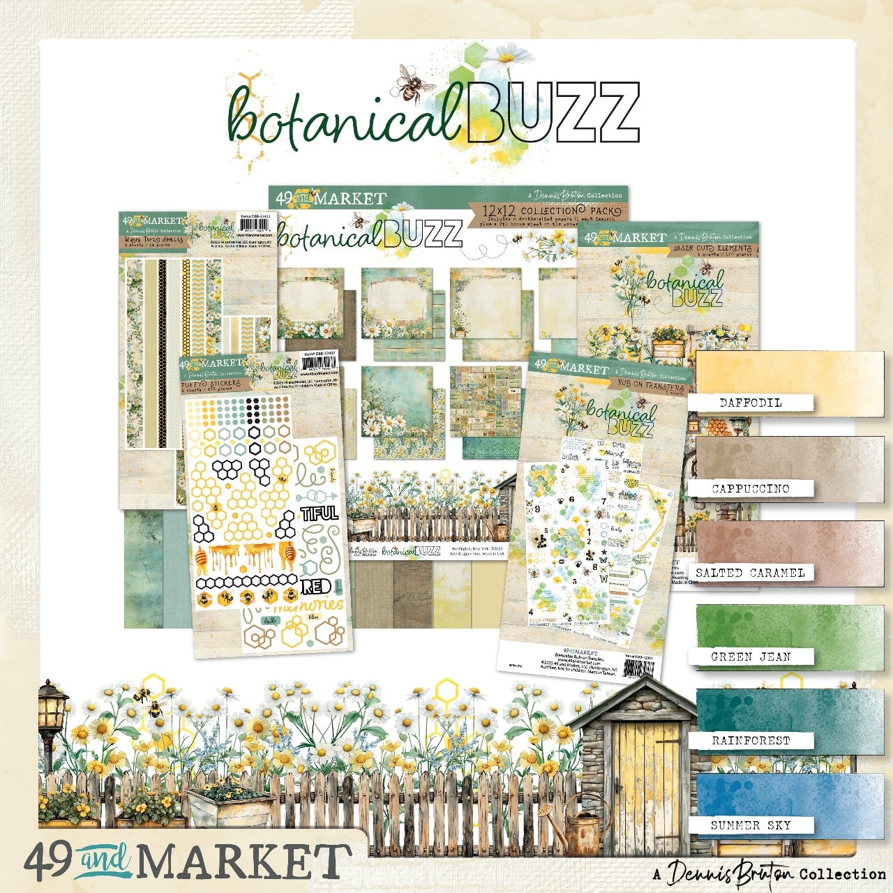 Collection of scrapbooking elements with 'botanicalBUZZ' branding on a white background.