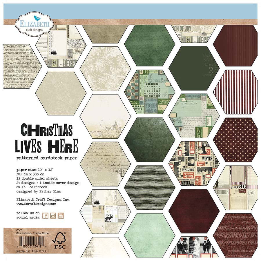 Elizabeth Craft Designs Christmas Lives Here Papieren pakket van 30 x 30 cm