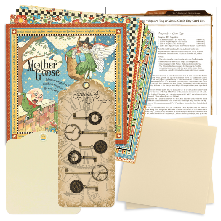 Graphic 45 Mother Goose Square Tag & Metal Clock Key Card Set 2021 Monthly Card Kit Volume 7