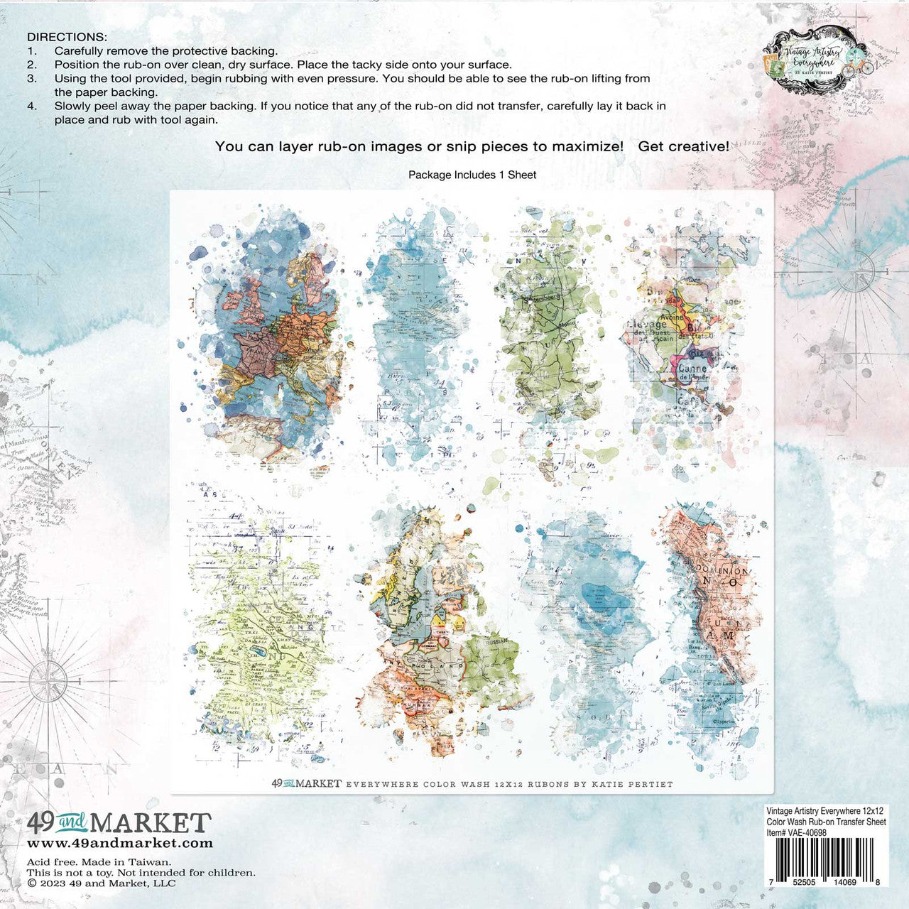 49 and Market Everywhere Color Wash 12x12 Rub On Transfer Sheet