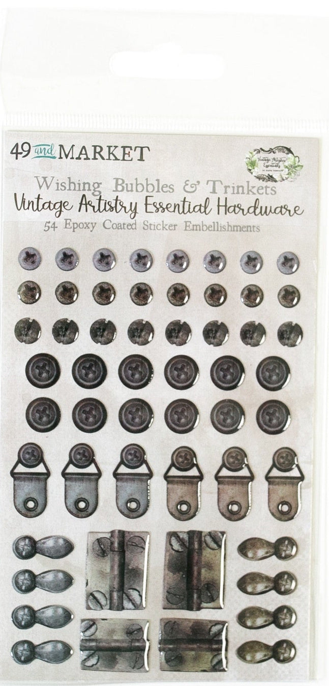 Packaging of 49 and Market Essential Hardware stickers with various industrial-style nail heads and clasps.