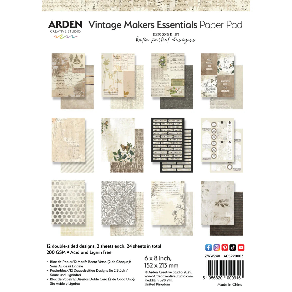 Arden Creative Studio Vintage Makers Essentials 6” x 8” Paper Pack