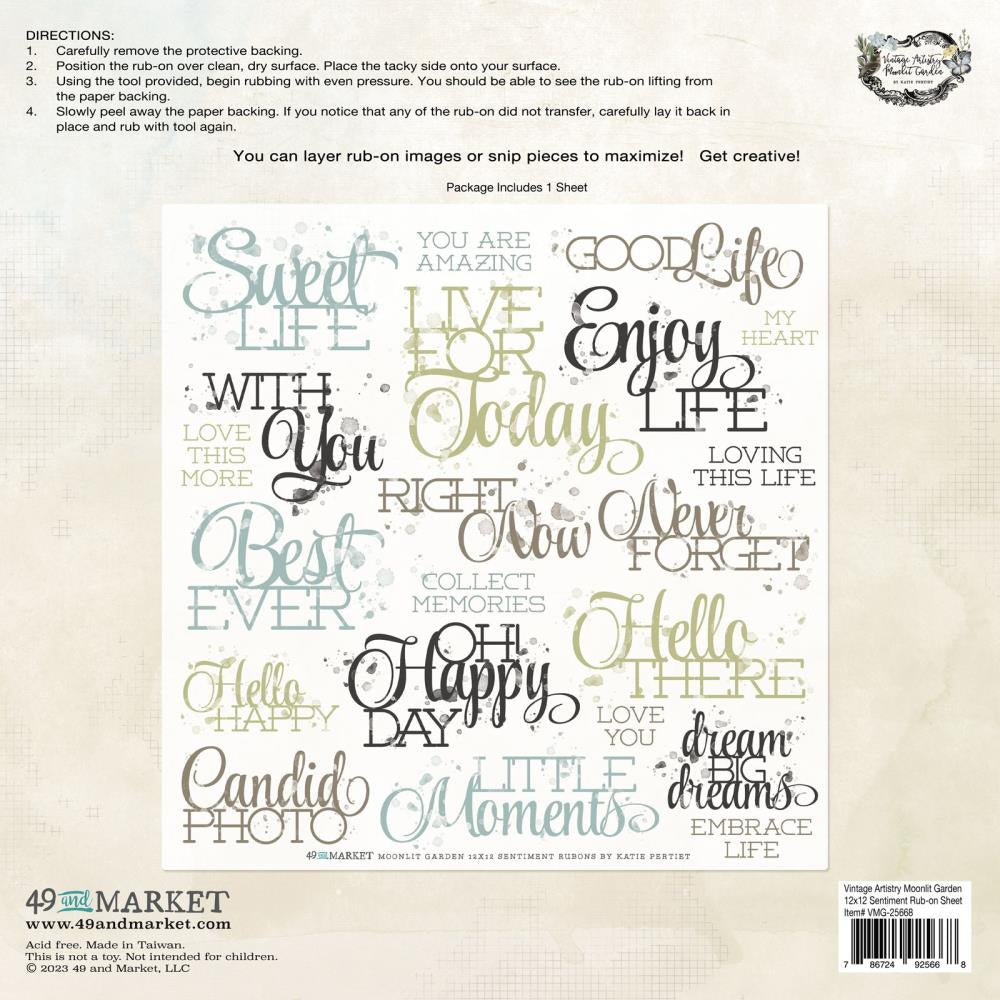49 and Market Vintage Artistry Moonlit Garden 12 x 12 Sentiments Rub On Transfer Sheet
