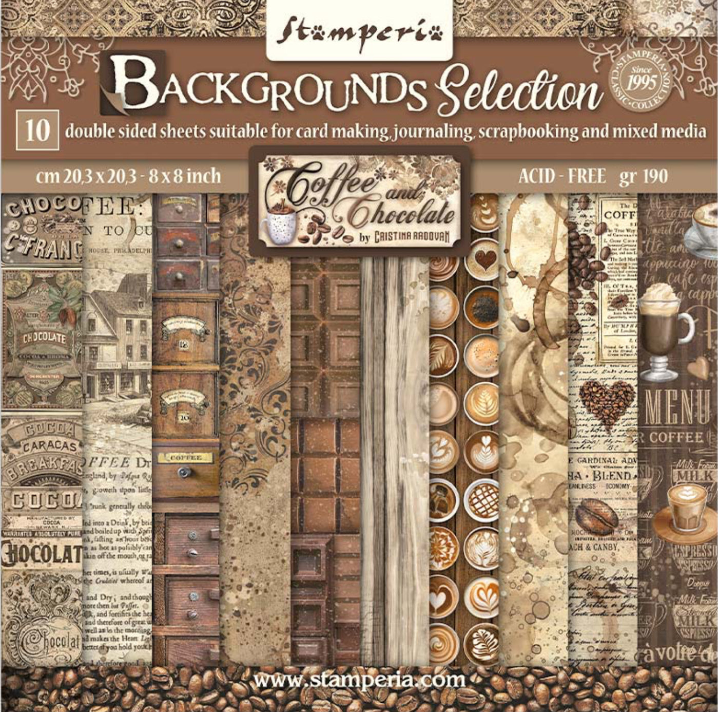 Stamperia Coffee and Chocolate Backgrounds 8” x 8” Paper Collection