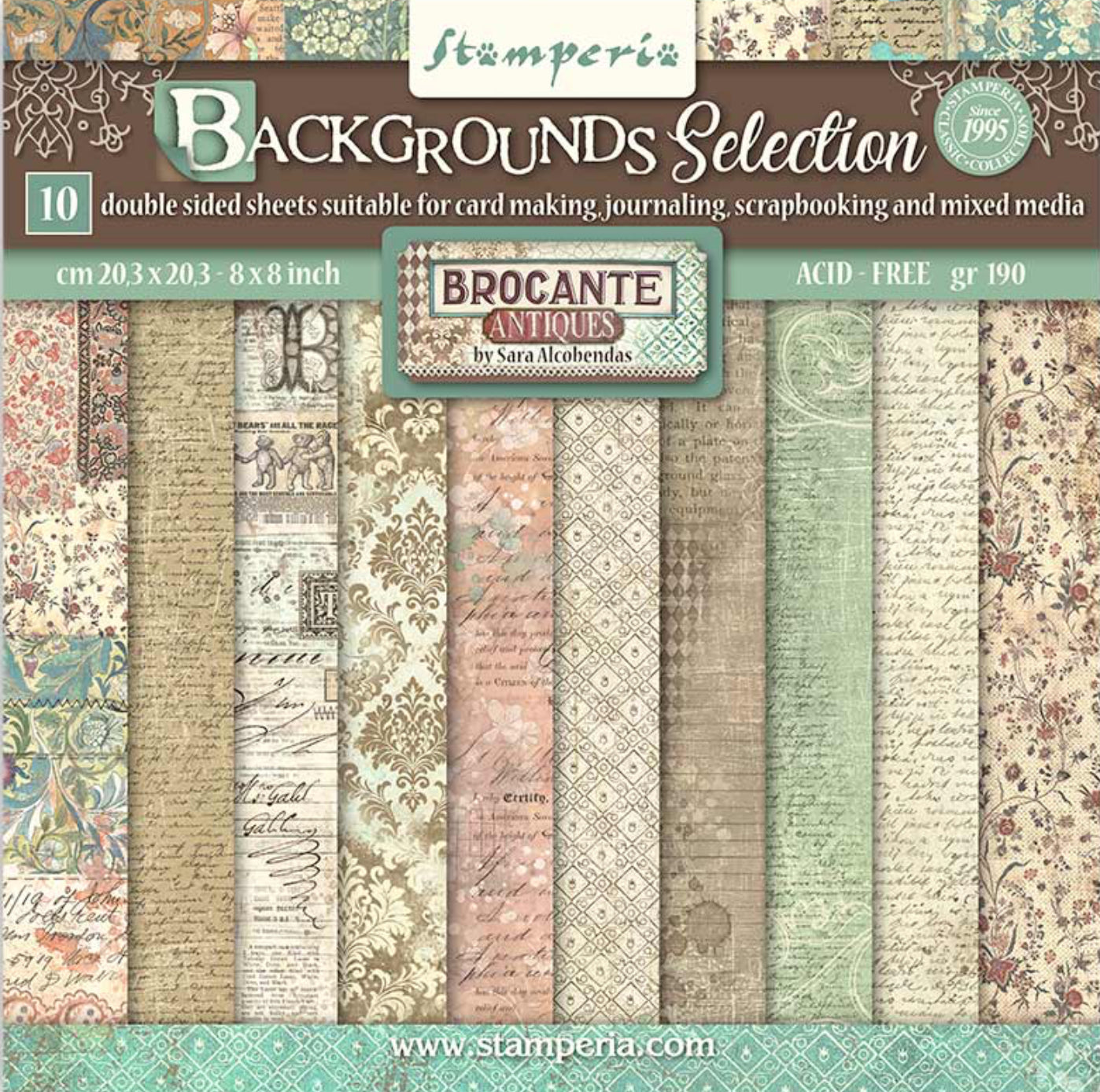 Stamperia Brocante Antiques Backgrounds 8” x 8” Paper Pad