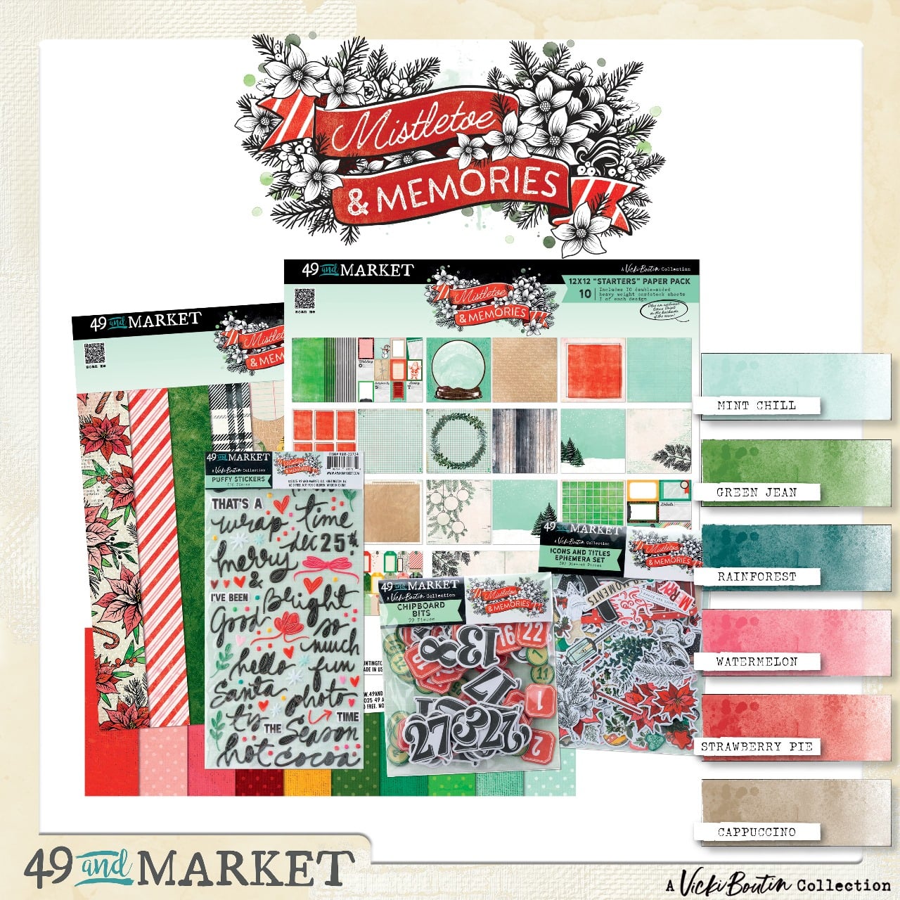 Collection of scrapbooking paper packs with 'Mistletoe & Memories' design on a beige background.
