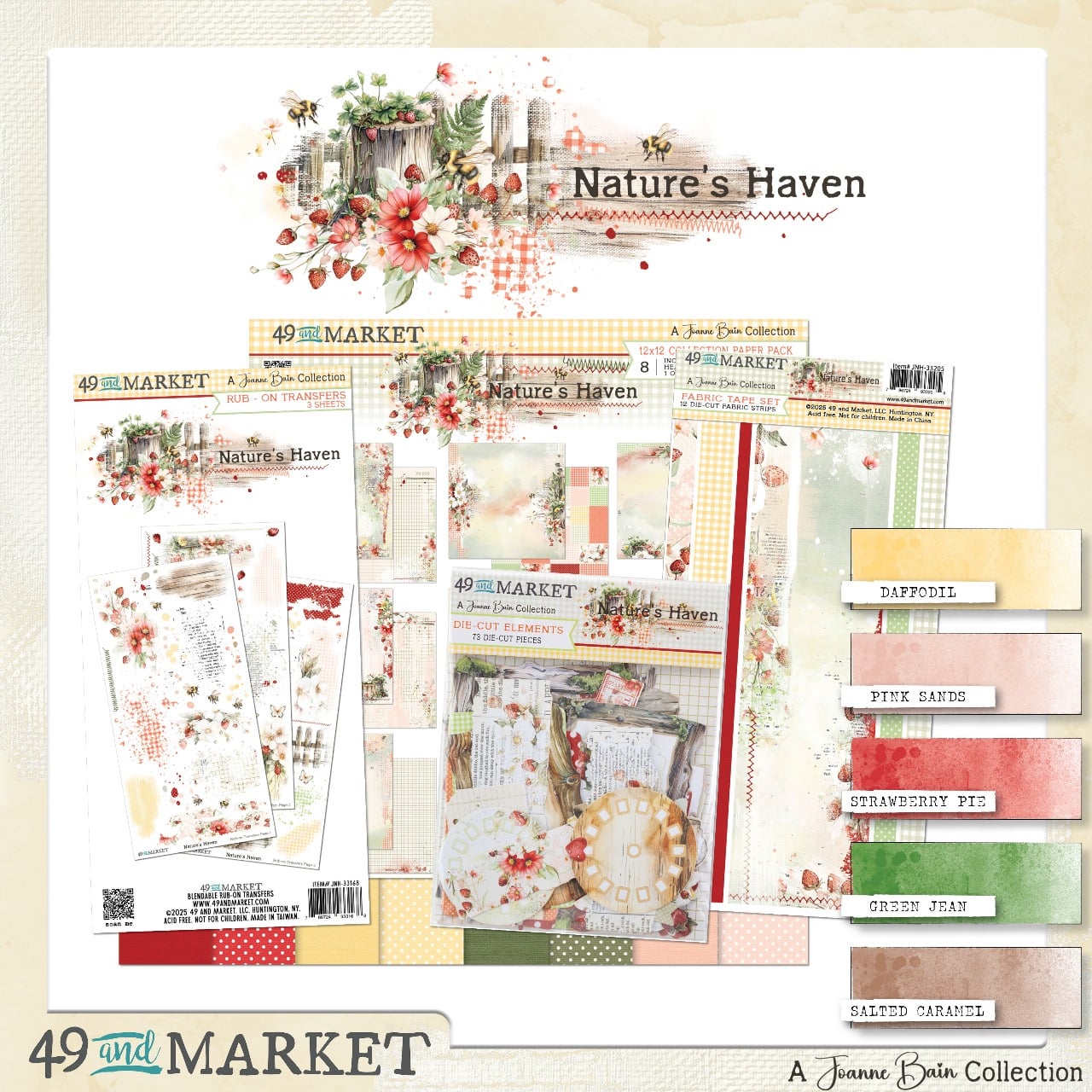Collection of scrapbooking papers and embellishments with 'Nature's Haven' theme by 49 and Market on a beige background.