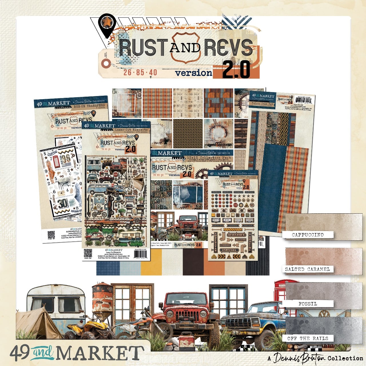 Collection of Rust and Revs design elements by 49 and Market on a beige background.