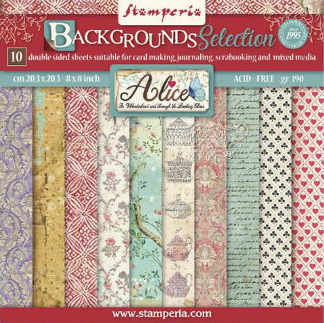 Stamperia Alice door het kijkglas 8x8 achtergronden selectie papierblok
