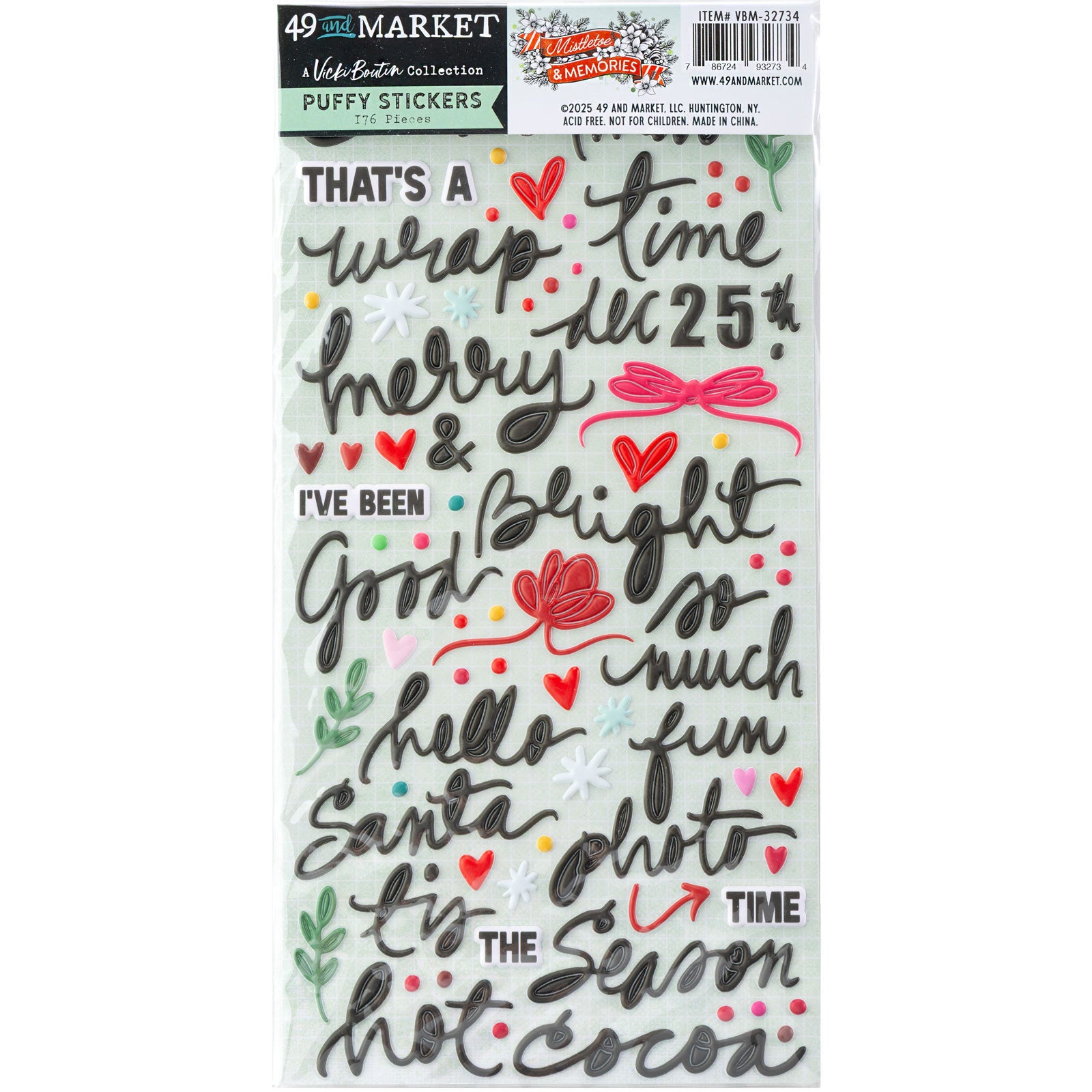 Puffy stickers with Christmas-themed text and graphics on a white background