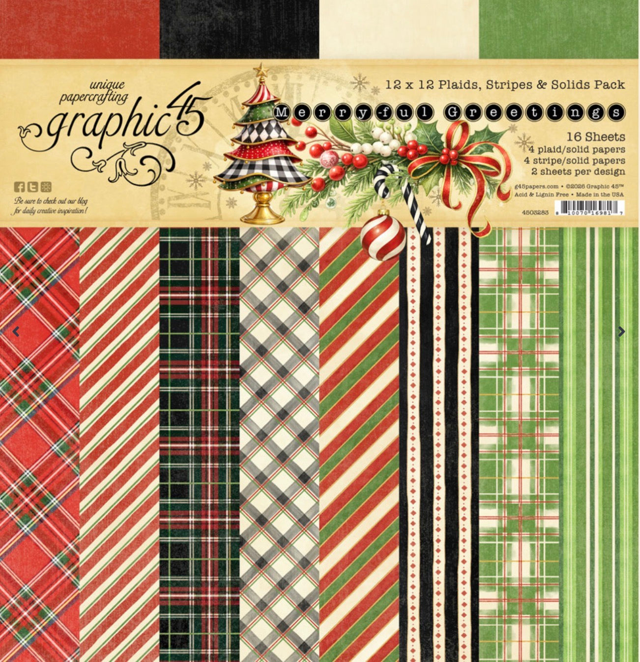 Graphic 45 Merry-ful Greetings 12” x 12” Plaids, Stripes & Solids Pack