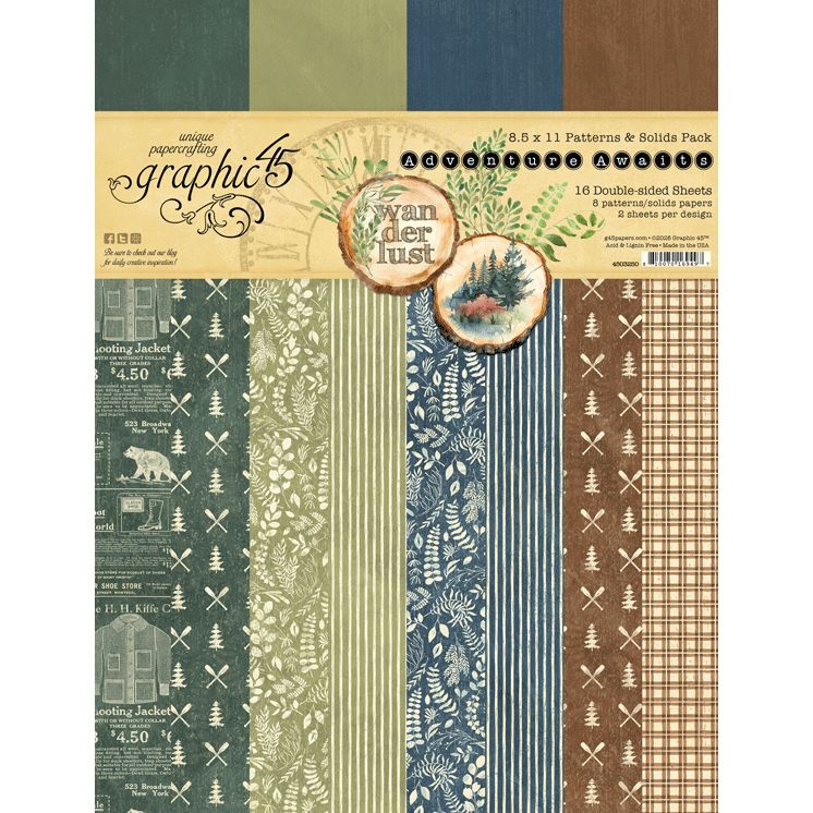 Graphic 45 Adventure Awaits 8.5” x 11” Patterns & Solids Pack