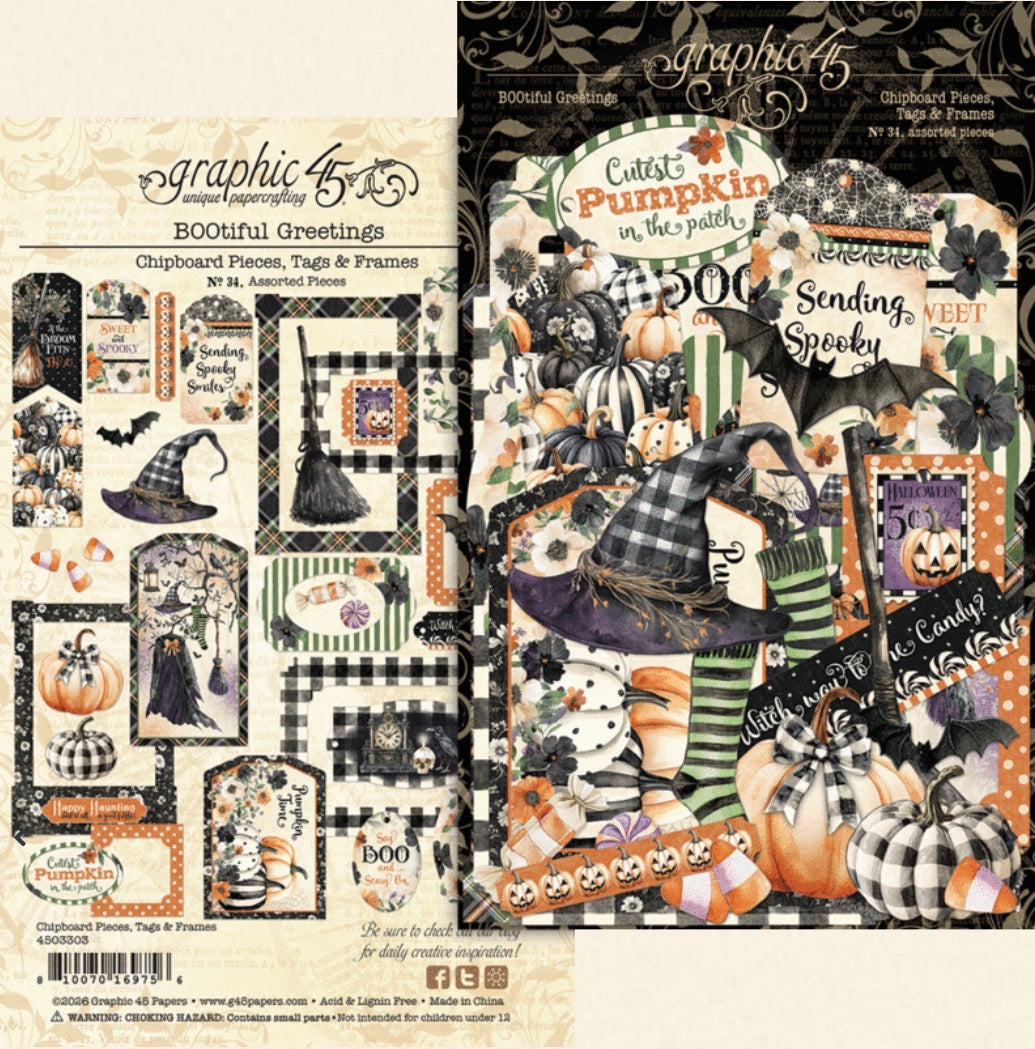 Graphic 45 BOOtiful Greetings Chipboard Pieces, Tags, & Frames