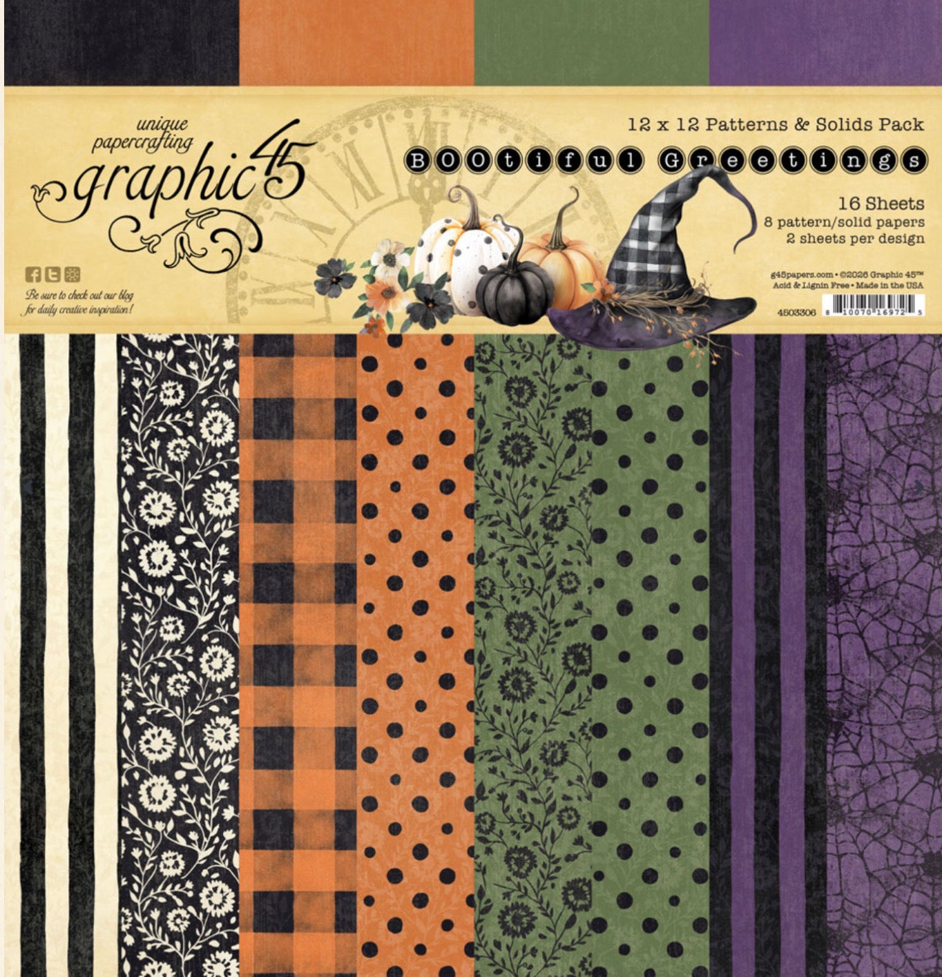 Graphic 45 BOOtiful Greetings 12” x 12” Plaids, Stripes & Solids Pack