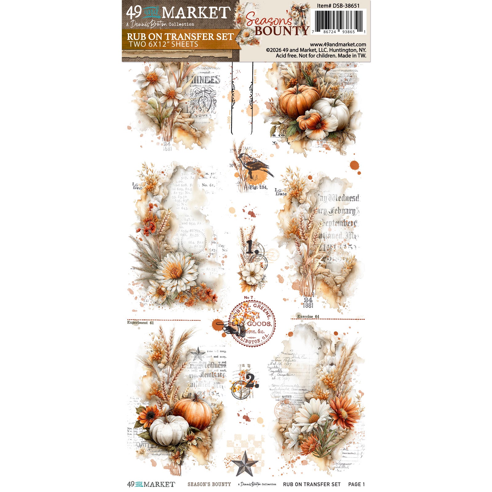 49 & Market Season's Bounty Essential 6 x 12 Rub-On Transfer Set