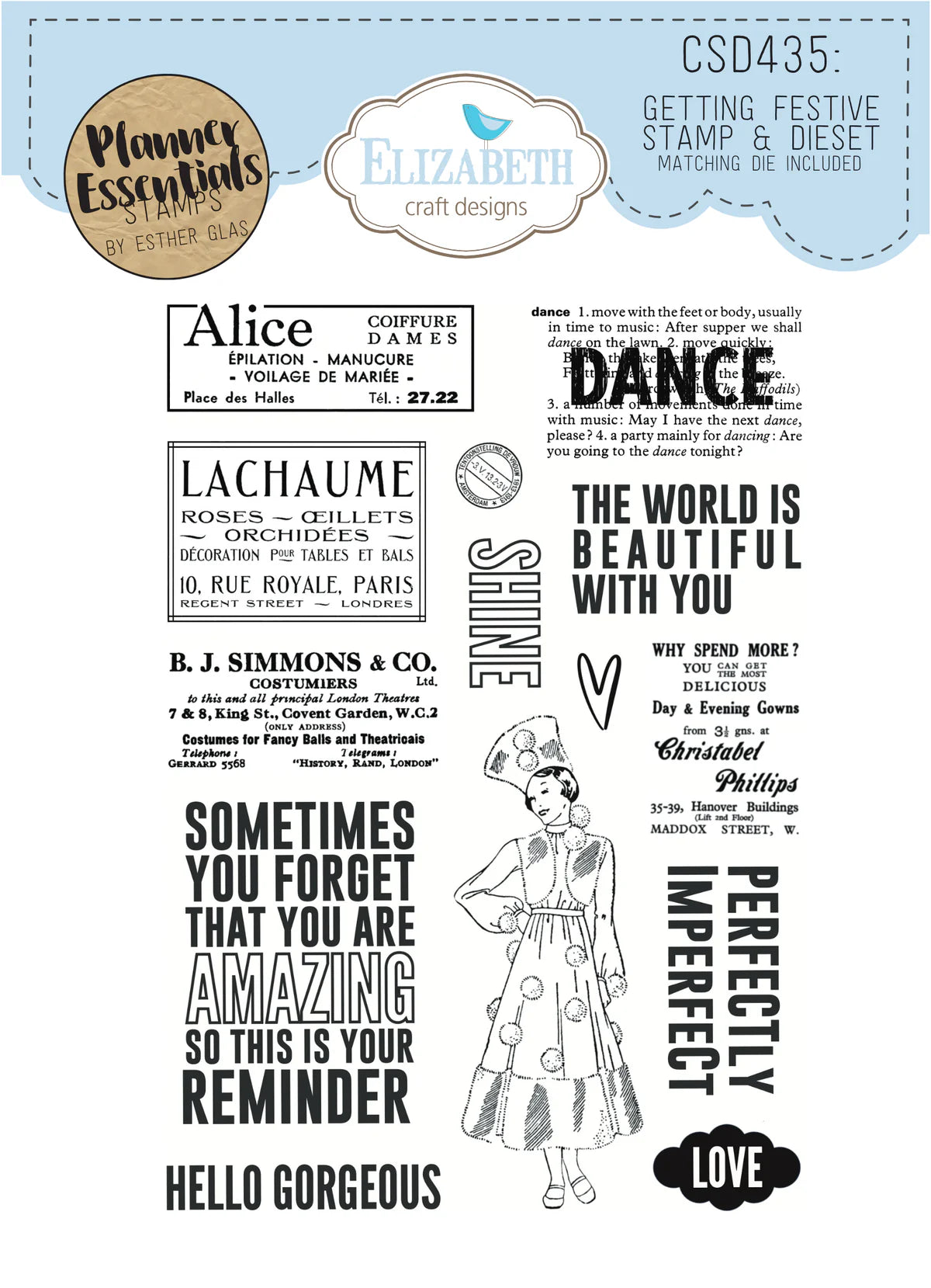 Clear stamp set with various phrases and a vintage-style illustration on a white background.