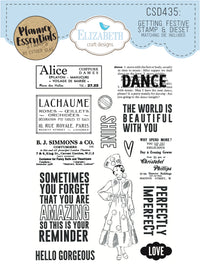 Clear stamp set with various phrases and a vintage-style illustration on a white background.