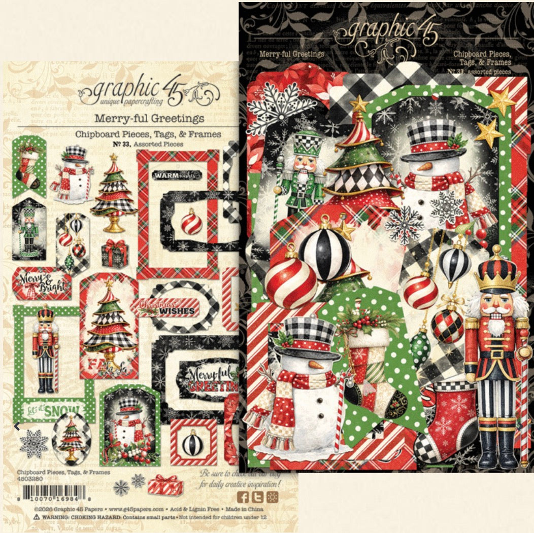 Graphic 45 Merry-ful Greetings Chipboard Pieces, Tags, & Frames