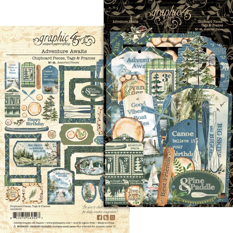 Graphic 45 Adventure Awaits Chipboard Pieces, Tags & Frames