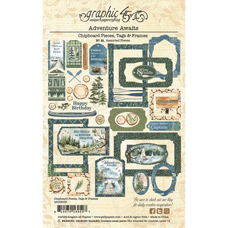 Graphic 45 Adventure Awaits Chipboard Pieces, Tags & Frames