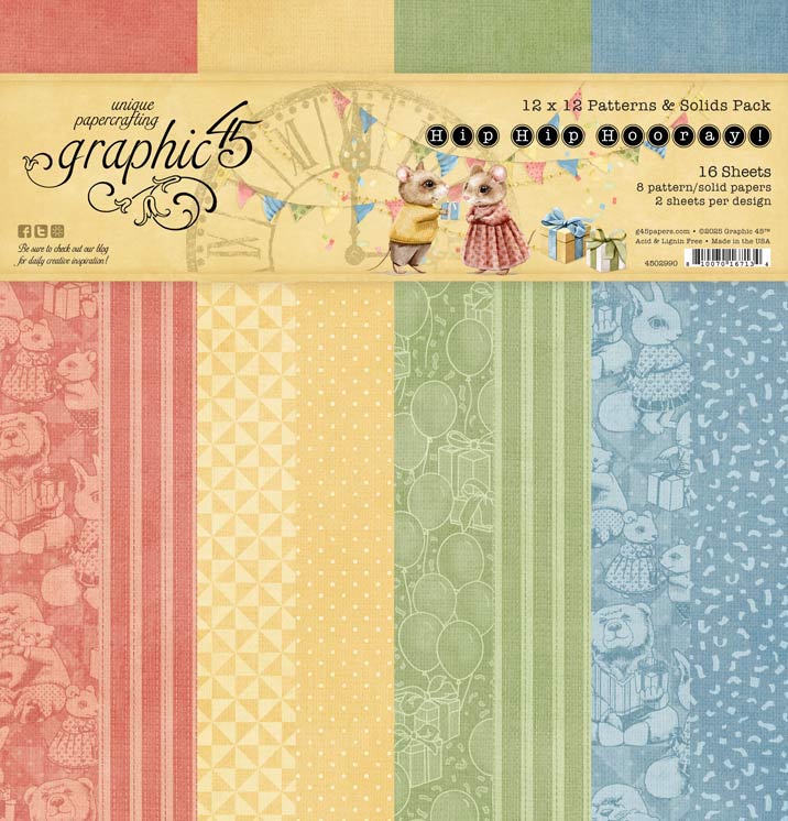 Graphic 45 Hip Hip Hooray 12” x 12” Patterns & Solids Pack