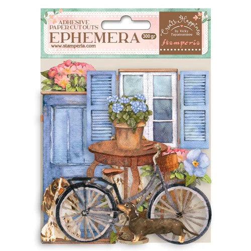 Stamperia zelfklevende Ephemera - Creëer geluk Welkom thuis Fiets en bloemen