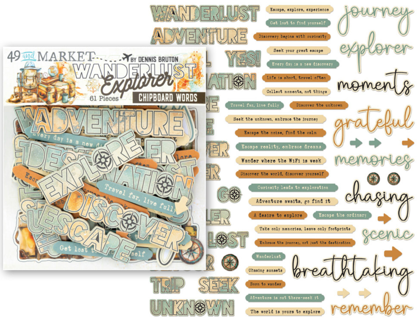 49 & Market Wanderlust Explorer Chipboard Words