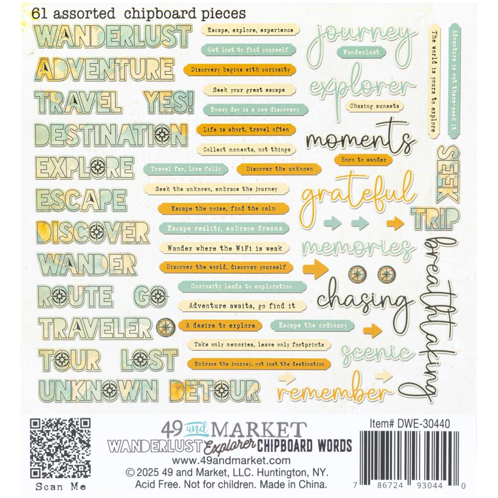 49 & Market Wanderlust Explorer Chipboard Words