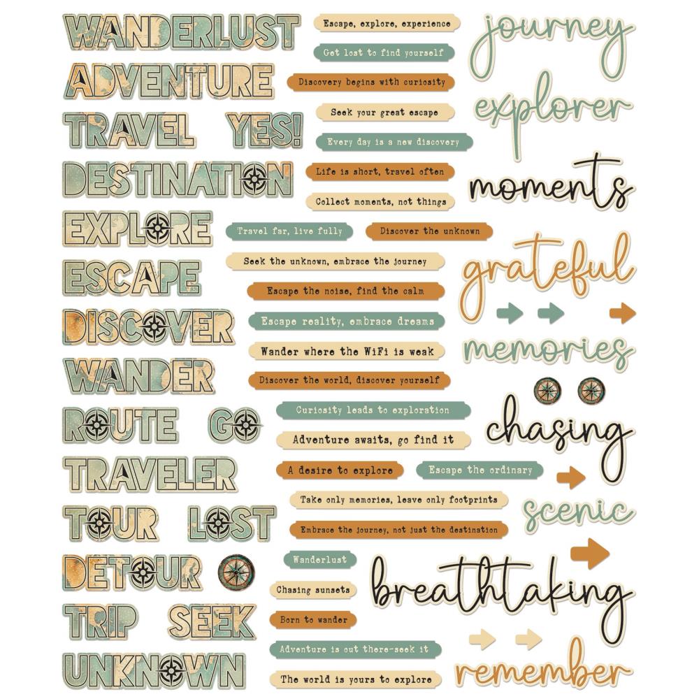 49 & Market Wanderlust Explorer Chipboard Words