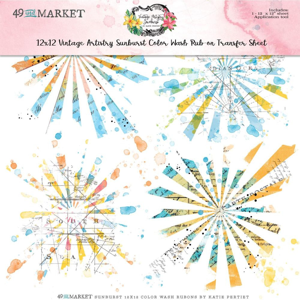 49 en Market Vintage Artistry Sunburst 12 x 12 Color Wash Rub On Transfer Sheet