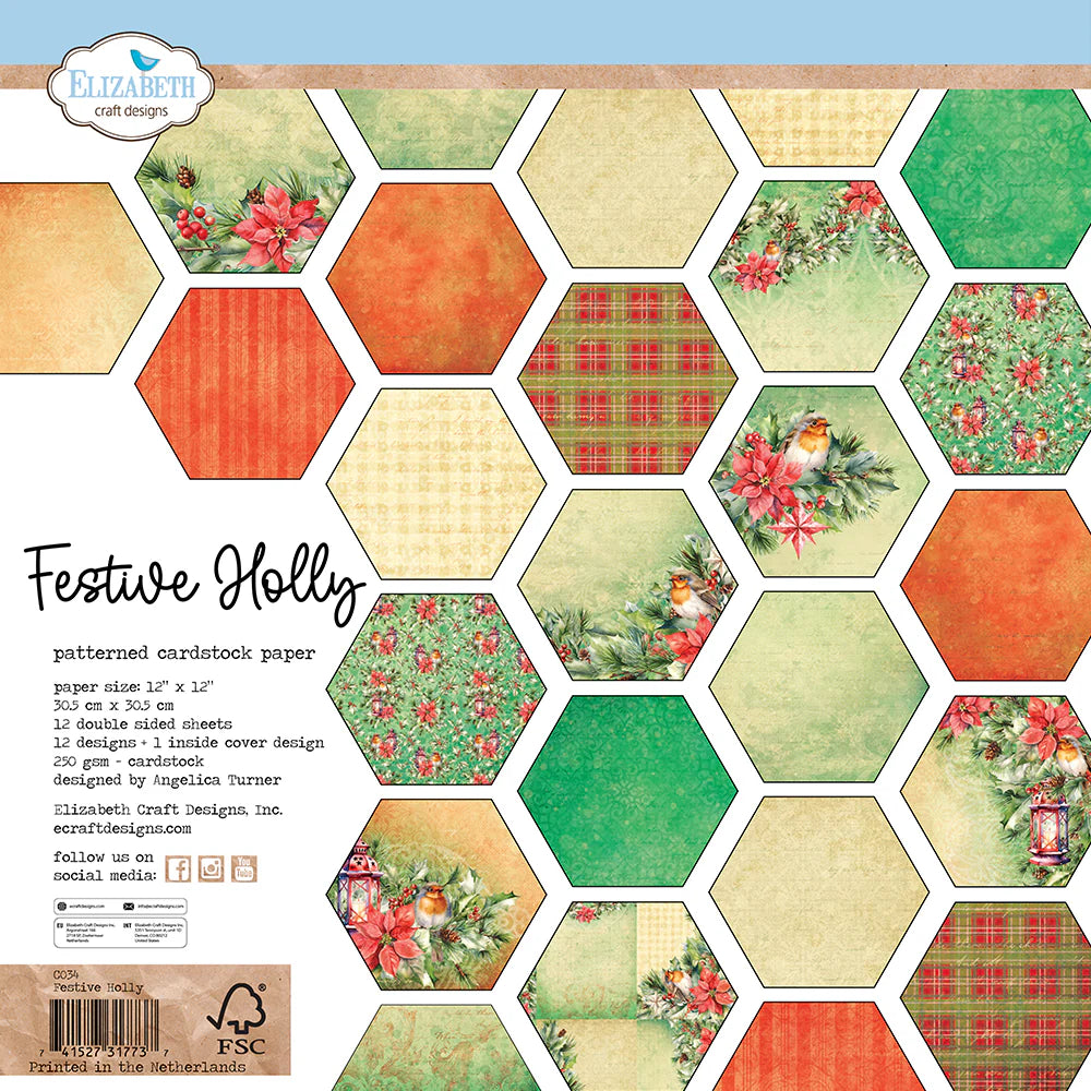 Elizabeth Craft Designs Festive Holly 12” x 12” Paper Pack