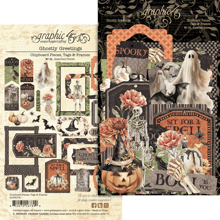 Graphic 45 Ghostly Greetings Chipboard Pieces, Tags & Frames
