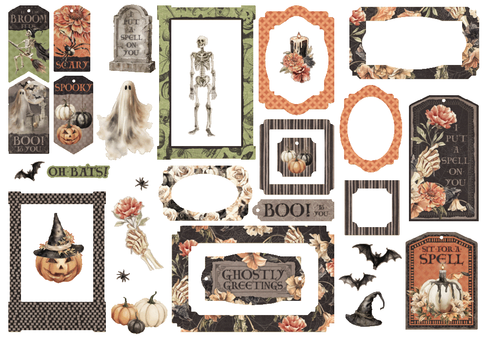 Graphic 45 Ghostly Greetings Chipboard Pieces, Tags & Frames
