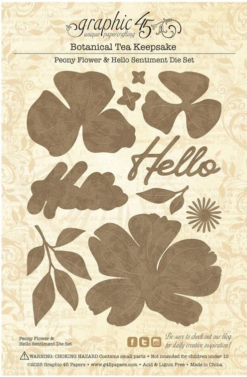 Set of botanical-themed die cuts with flowers and 'Hello' text on a beige background