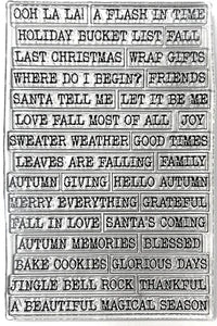 Set of rubber stamps with various autumn-themed phrases on a white background.