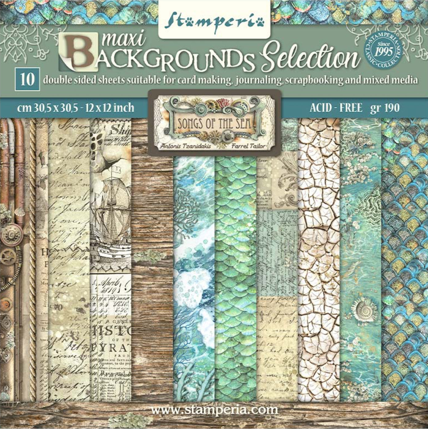 Stamperia Songs of the Sea Backgrounds 12” x 12”  Paper Collection