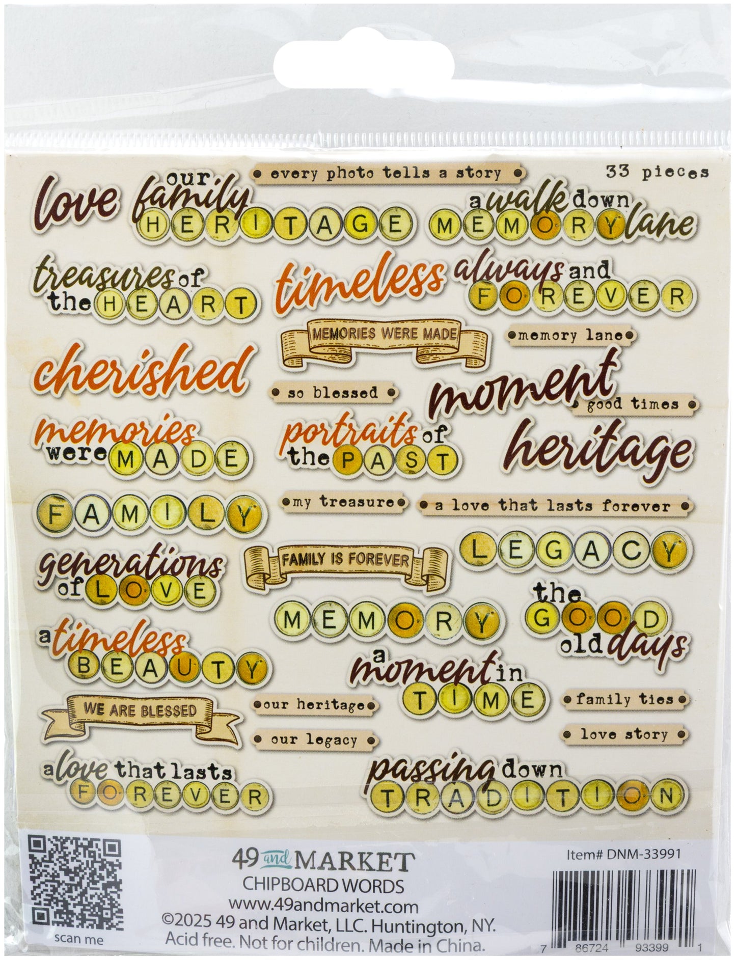 49 & Market Nostalgic Memories Chipboard Words
