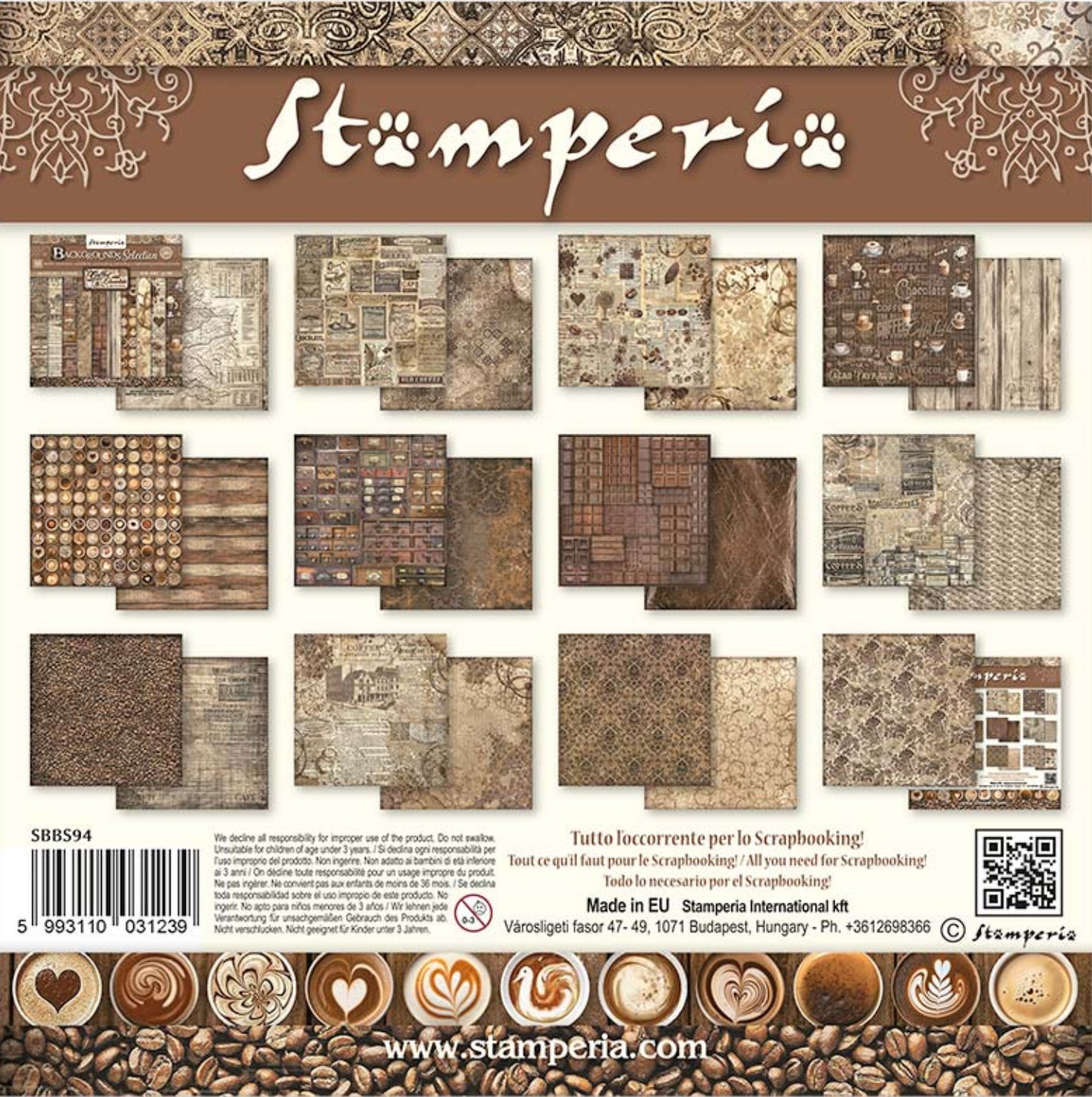 Stamperia Coffee and Chocolate Backgrounds Selection 8x8 Paper Sbbs94