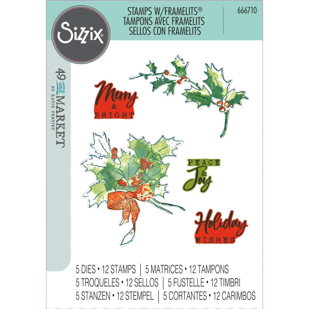 Sizzix Framelit Die Set w/Stamps - Pencil Line Holly by 49 & Market