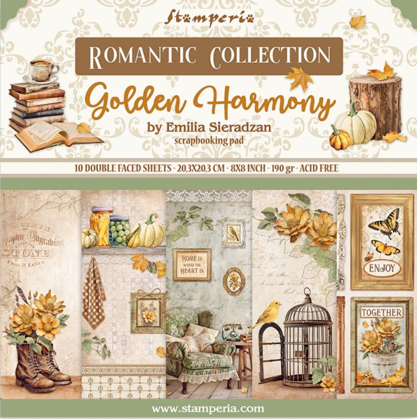 Stamperia Romantic Collection - Golden Harmony 8” x 8” Paper Pad