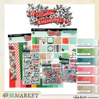 Collection of scrapbooking paper packs with 'Mistletoe & Memories' design on a beige background.