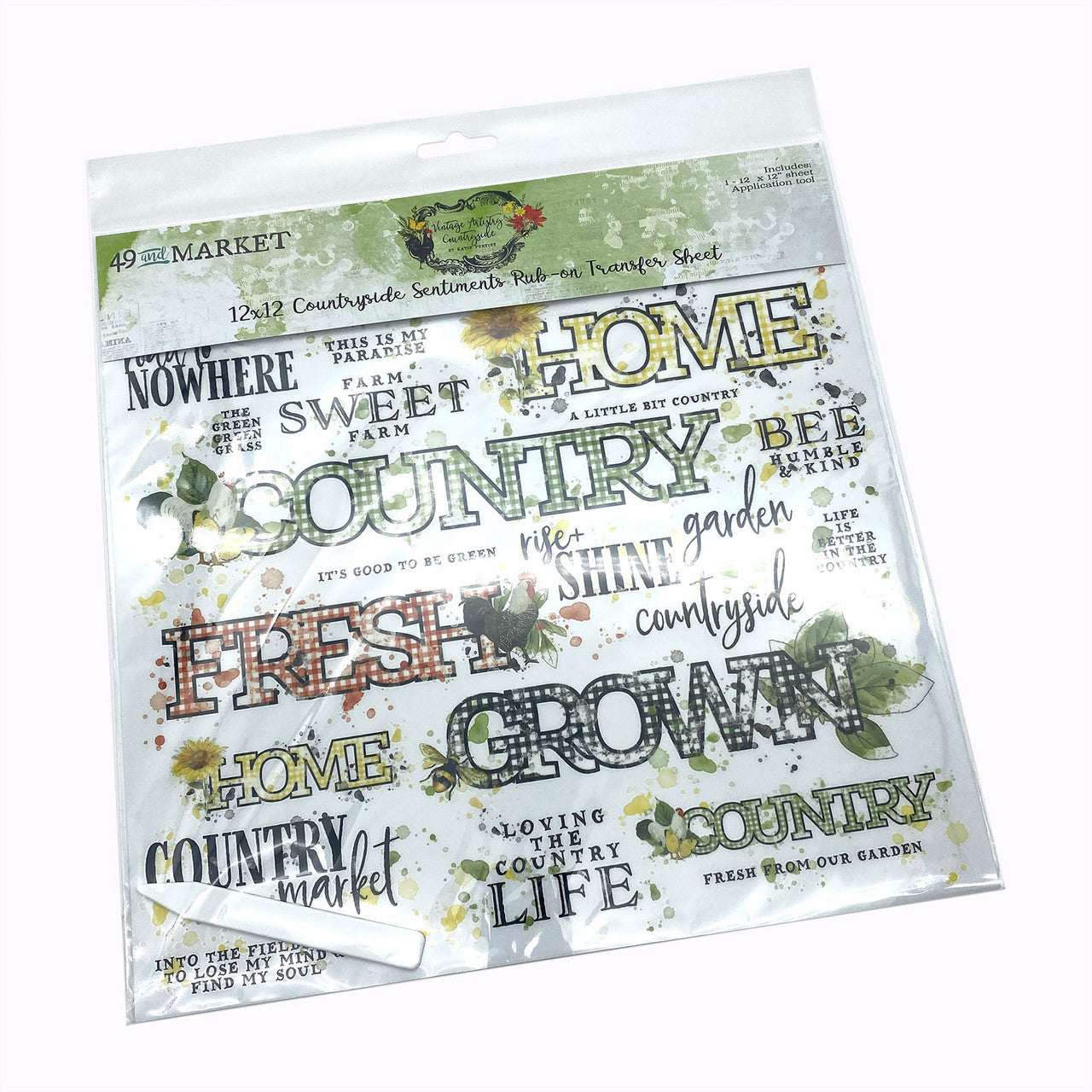 49 and Market Vintage Artistry Countryside Sentiments 12 x 12 Hoja de transferencia para frotar