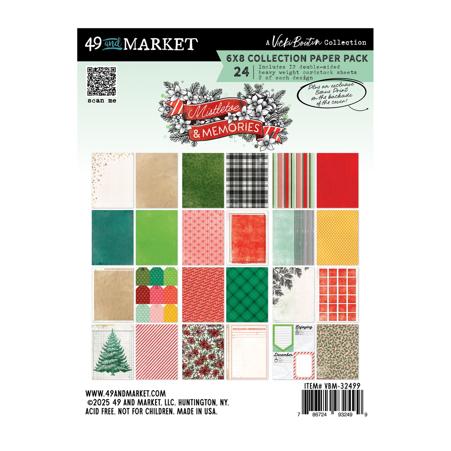 Packaging of a paper collection with various patterns and colors, featuring the Mistletoe & Memories brand.